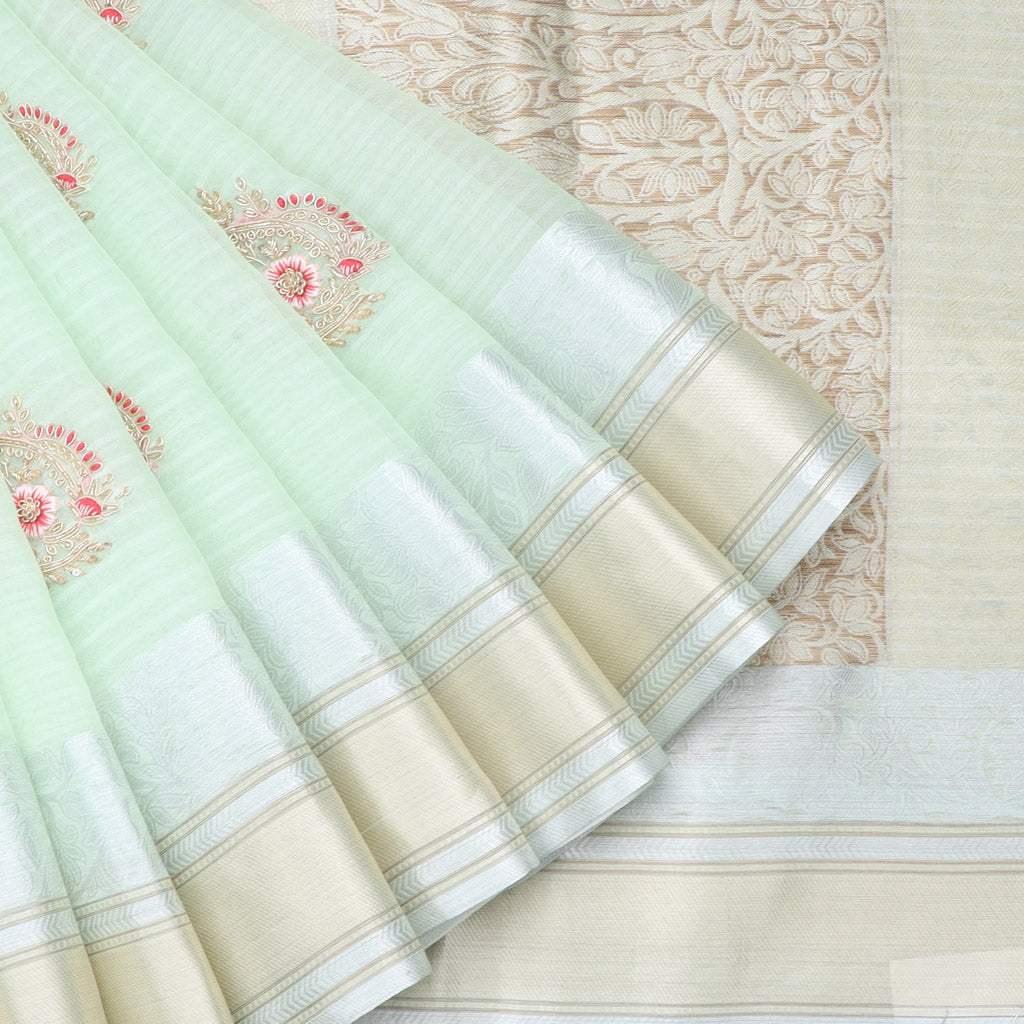 pastel green organza saree with embroidery