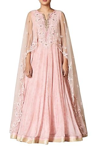 pastel pink & beige embroidered gown with cape