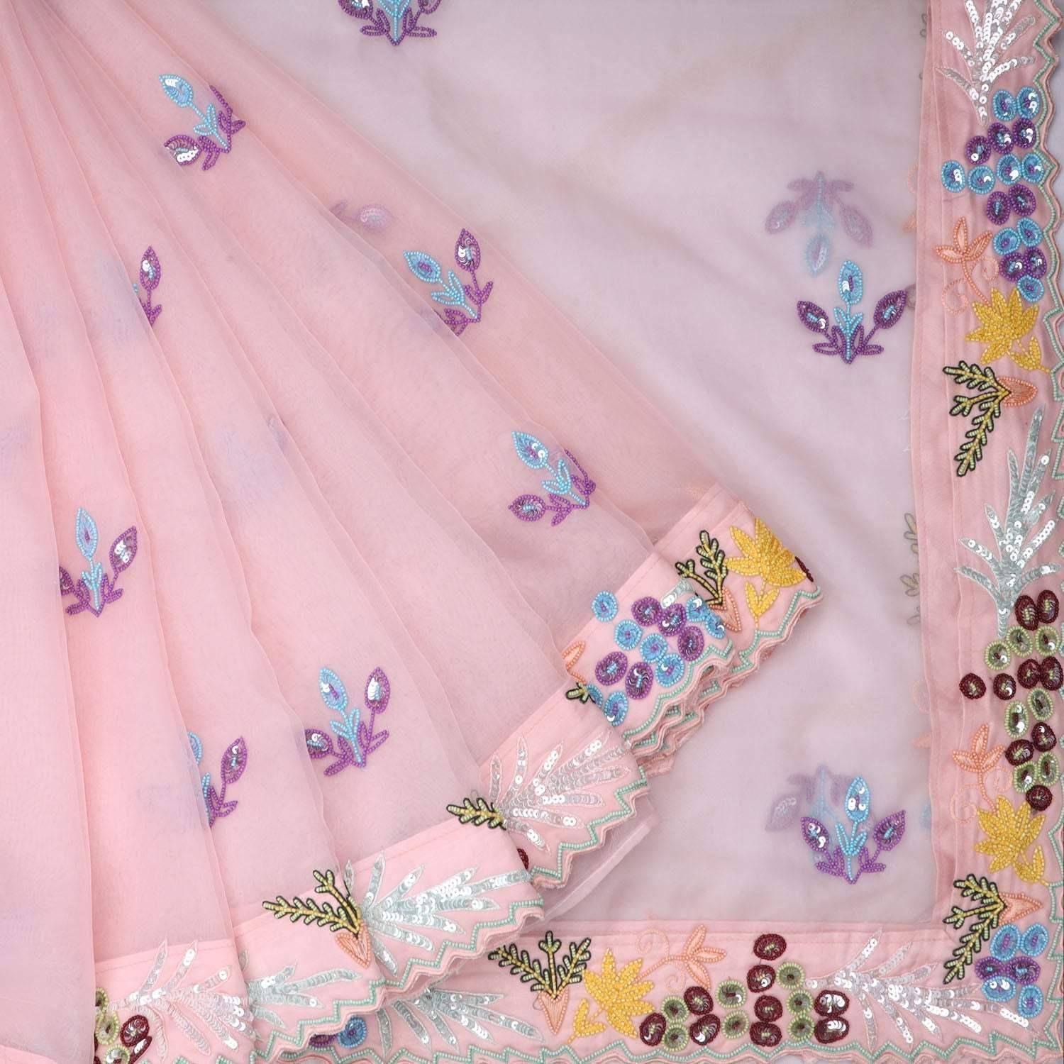 pastel pink organza saree with floral embroidery