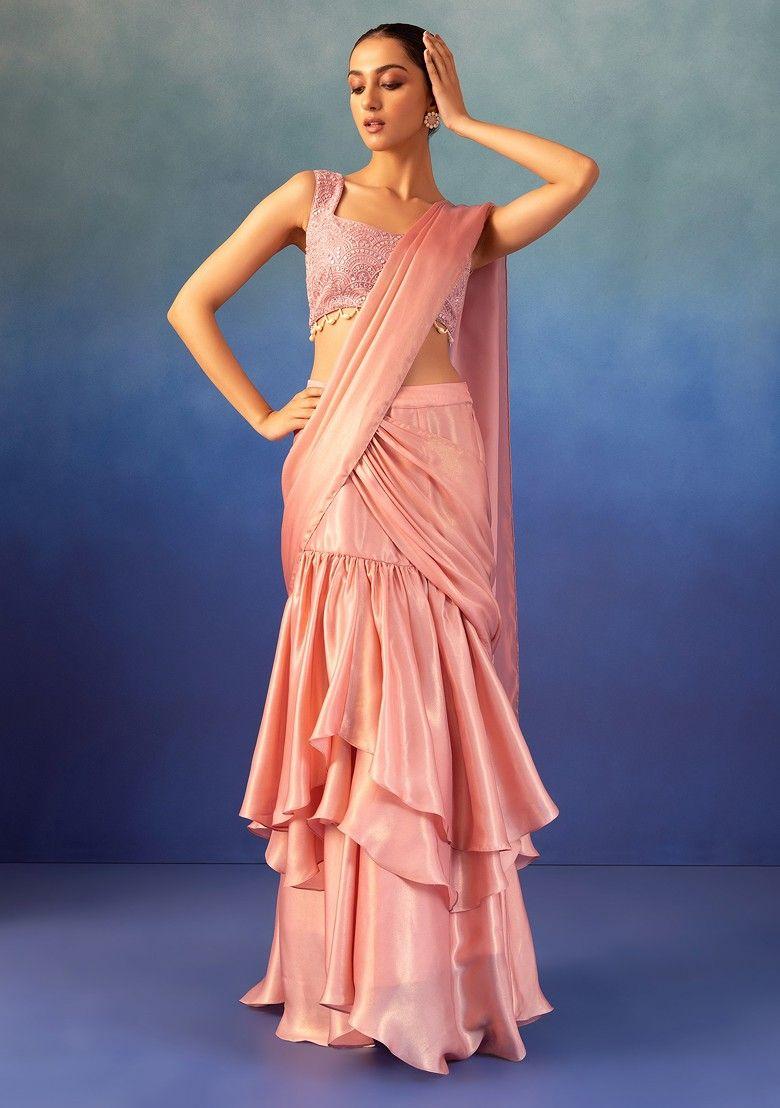 pastel pink satin ruffled pre-stitched saree set with embroidered blouse