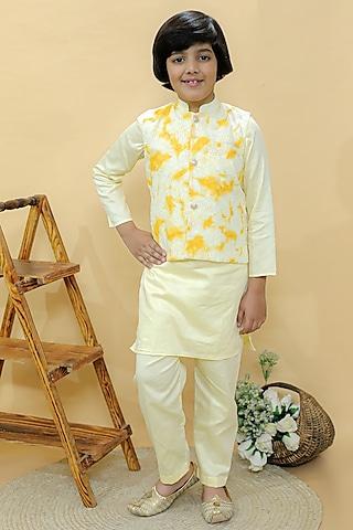 pastel yellow cotton hakoba tie-dye nehru jacket set for boys