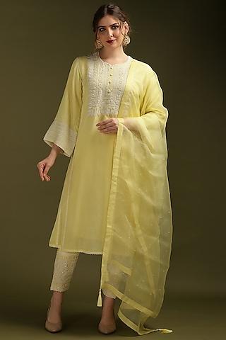 pastel yellow silk chanderi embroidered kurta set