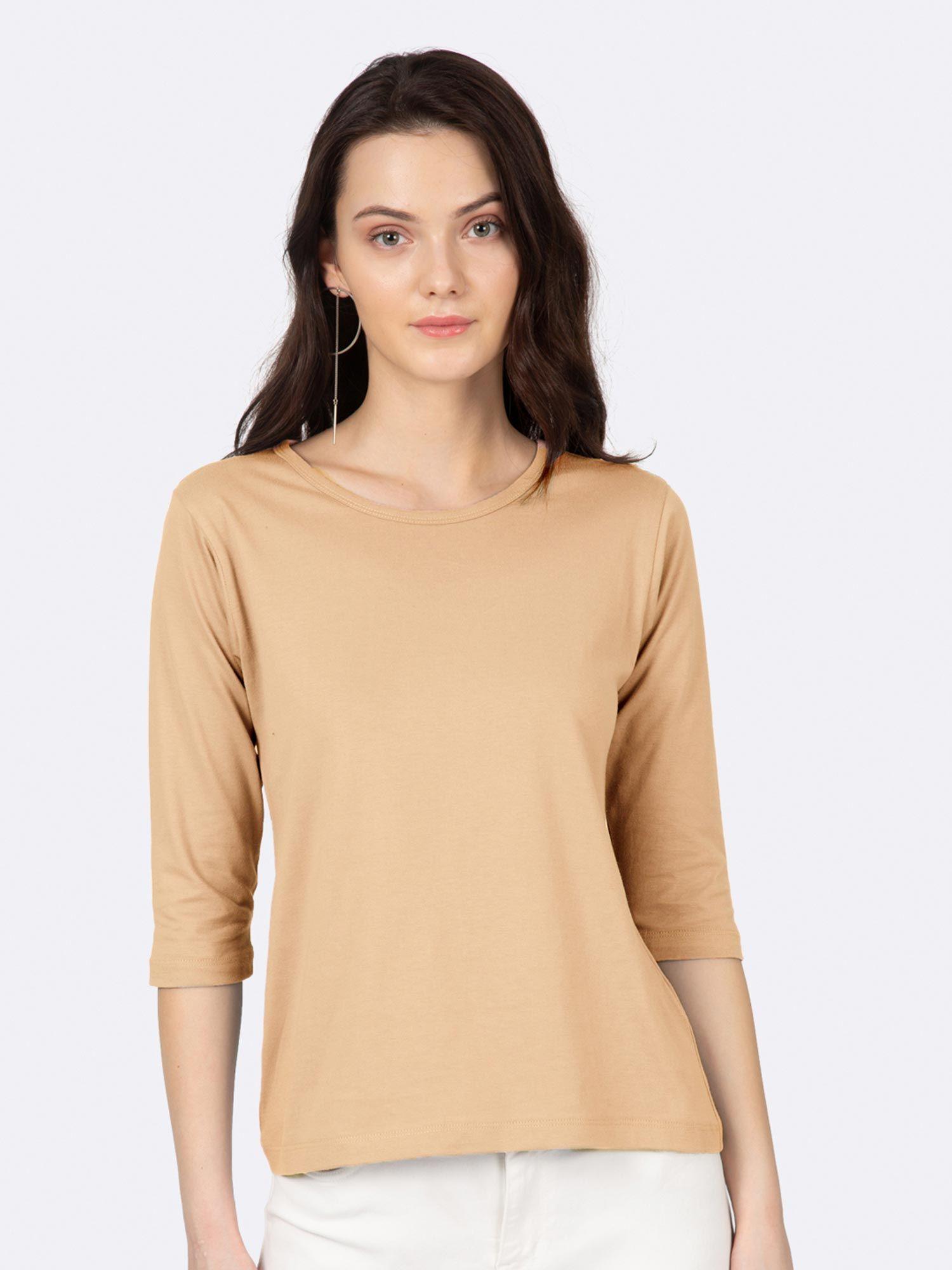 pastel beige round neck 3/4th sleeve t-shirt