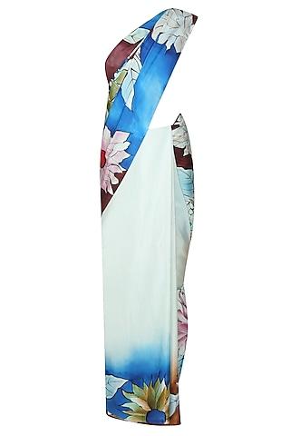 pastel blue "iris" floral handpainted saree with an unstitched blouse piece