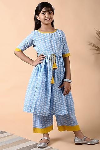 pastel blue block printed kurta set for girls