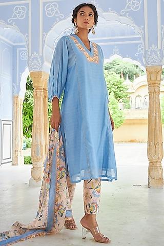 pastel blue chanderi & modal silk paneled kurta set