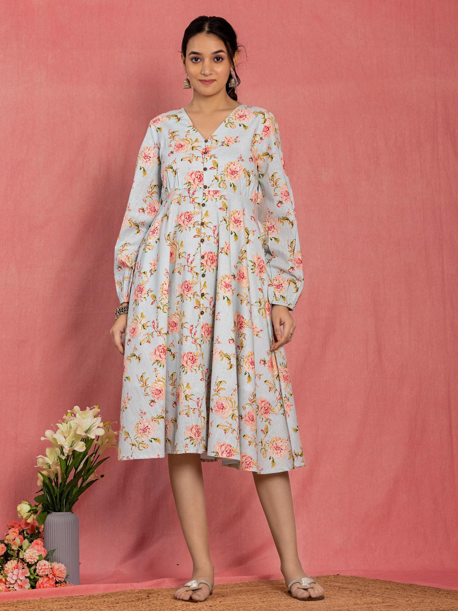 pastel blue cotton floral printed flared midi dress