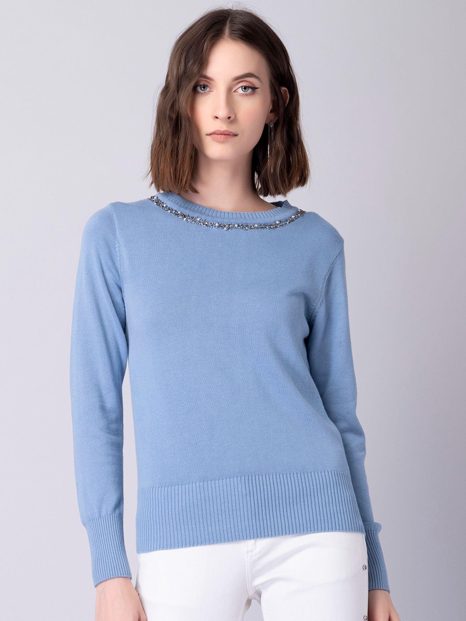 pastel blue embellished neck sweater