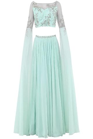 pastel blue embroidered cape sleeves crop top with lehenga skirt