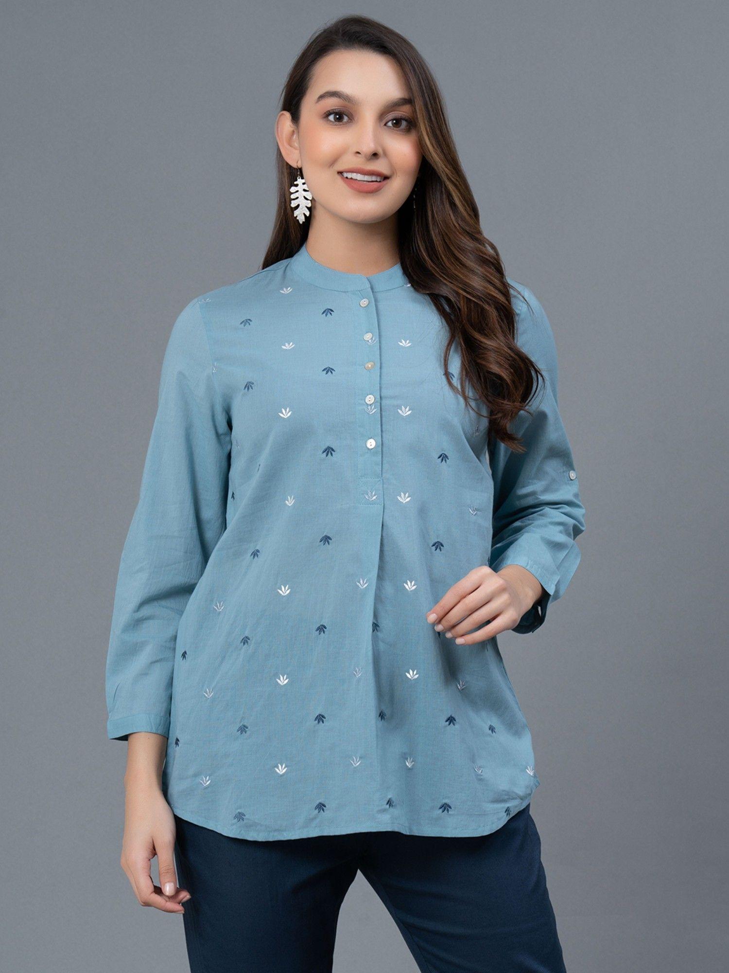 pastel blue embroidered cotton womens blouse and top