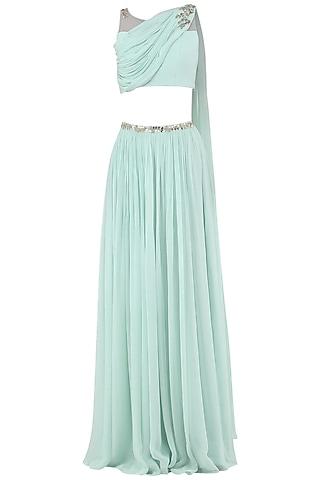 pastel blue embroidered drape crop top with lehenga skirt