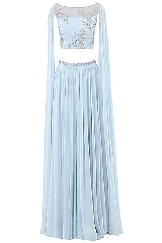 pastel blue embroidered two slit cape sleeves crop top with lehenga skirt