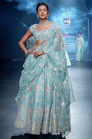 pastel blue falling raw silk floral applique embellished lehenga set