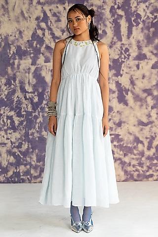 pastel blue linen bullion knot embroidered tiered dress