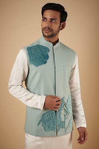 pastel blue merino wool applique embroidered bundi jacket