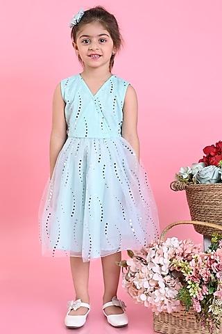 pastel blue net printed dress for girls