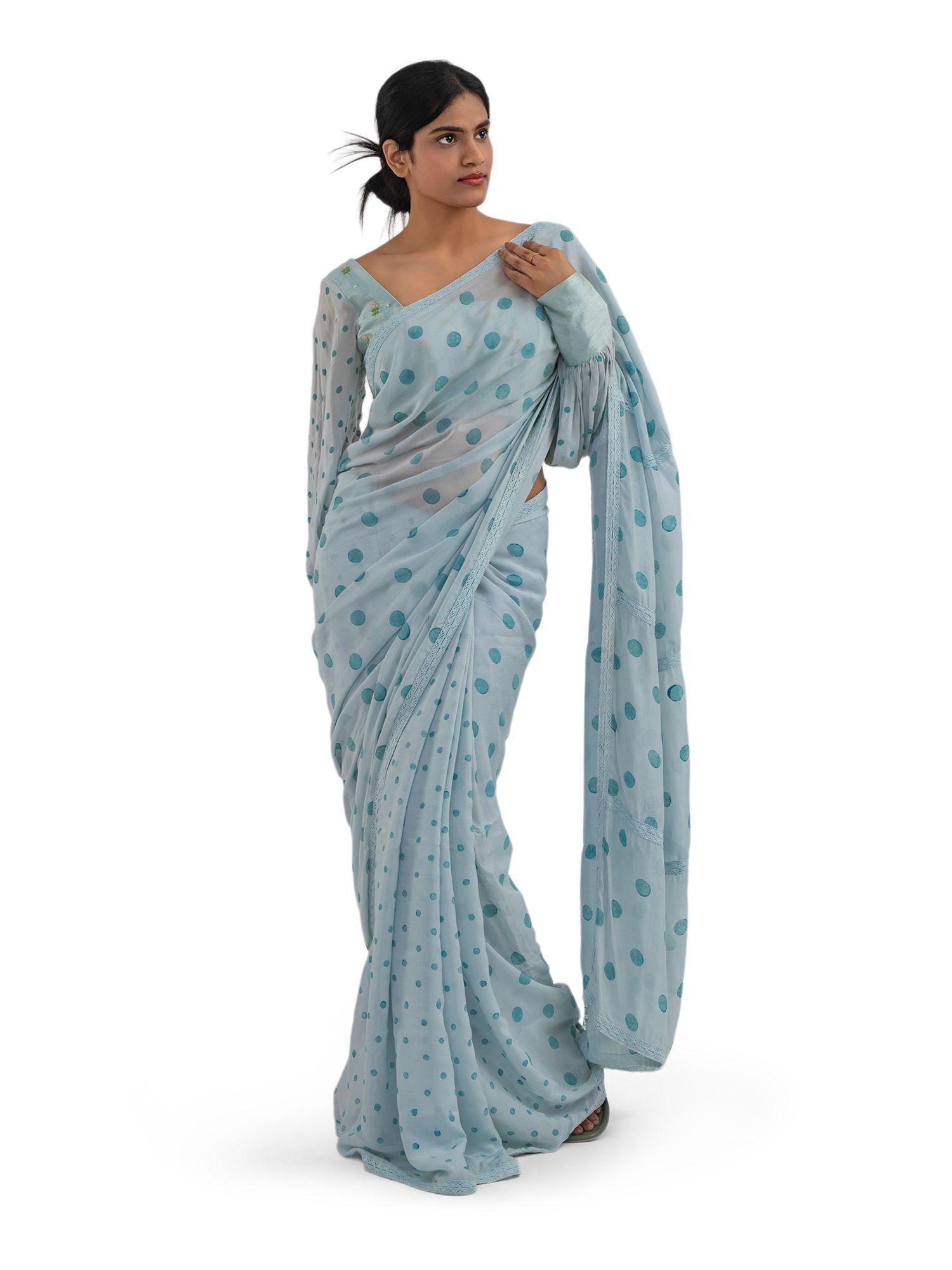 pastel blue polka muslin silk saree with stitched blouse