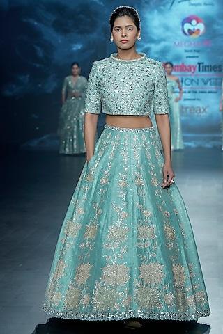 pastel blue raw silk floral applique embroidered lehenga set