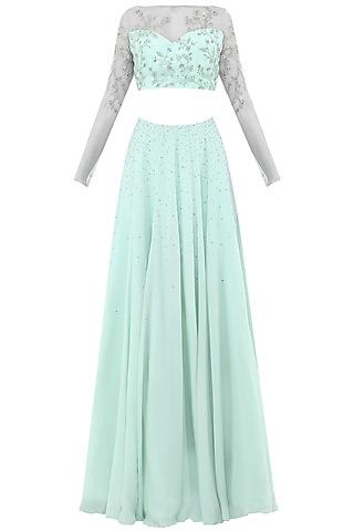 pastel blue sheer embroidered crop top with lehenga skirt