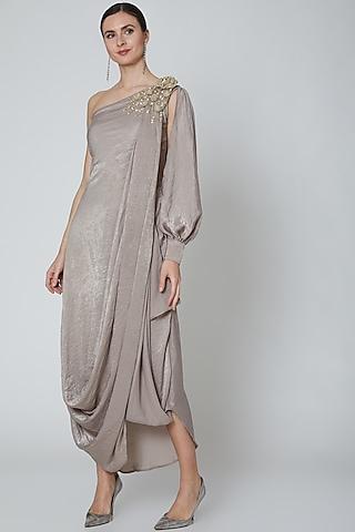 pastel brown embroidered draped dress