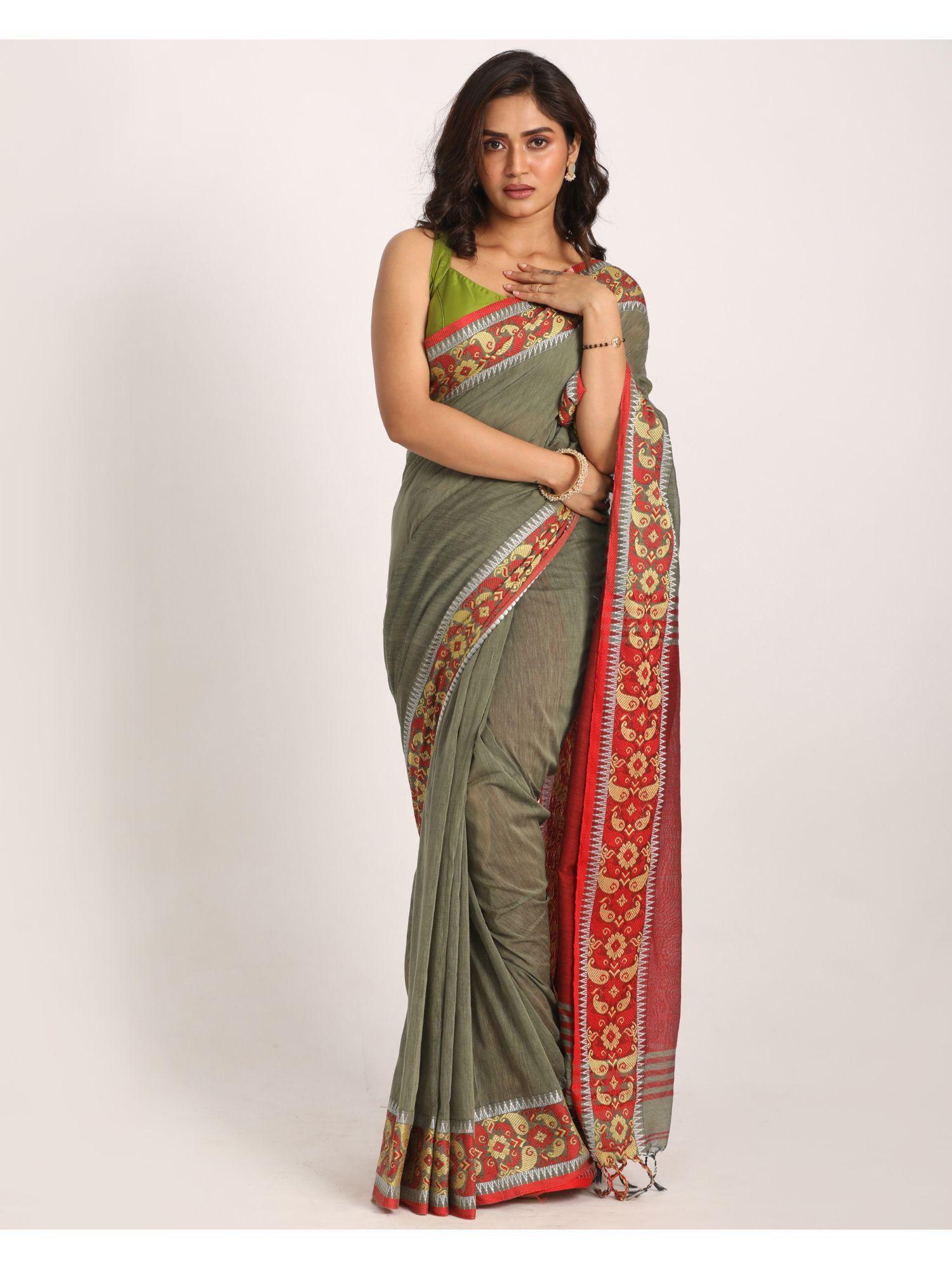 pastel brown handloom cotton tangail saree with unstitched blouse