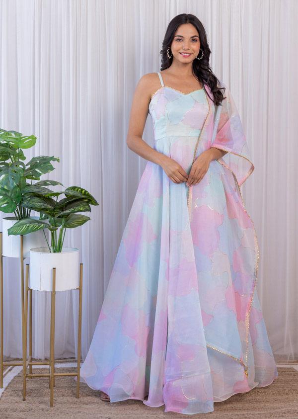 pastel dream multi-color organza anarkali dress with dupatta
