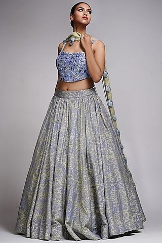 pastel green & blue silk hand block painted lehenga set