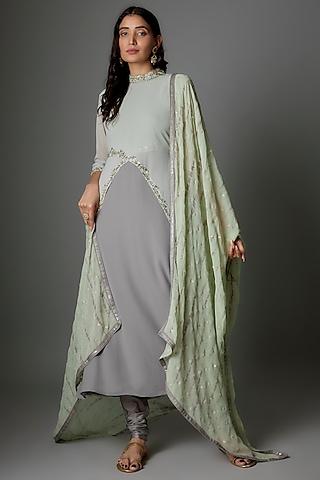 pastel green & grey georgette crystal embroidered anarkali set