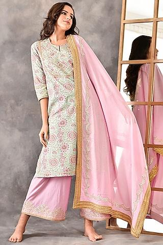 pastel green a-line printed kurta set