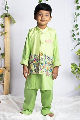 pastel green bemberg silk zardosi hand embroidered nehru jacket set for boys