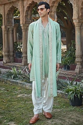 pastel green chanderi silk mirror embroidered kurta set