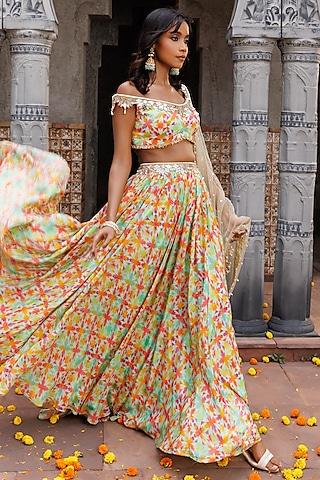 pastel green crepe printed & hand embroidered lehenga set