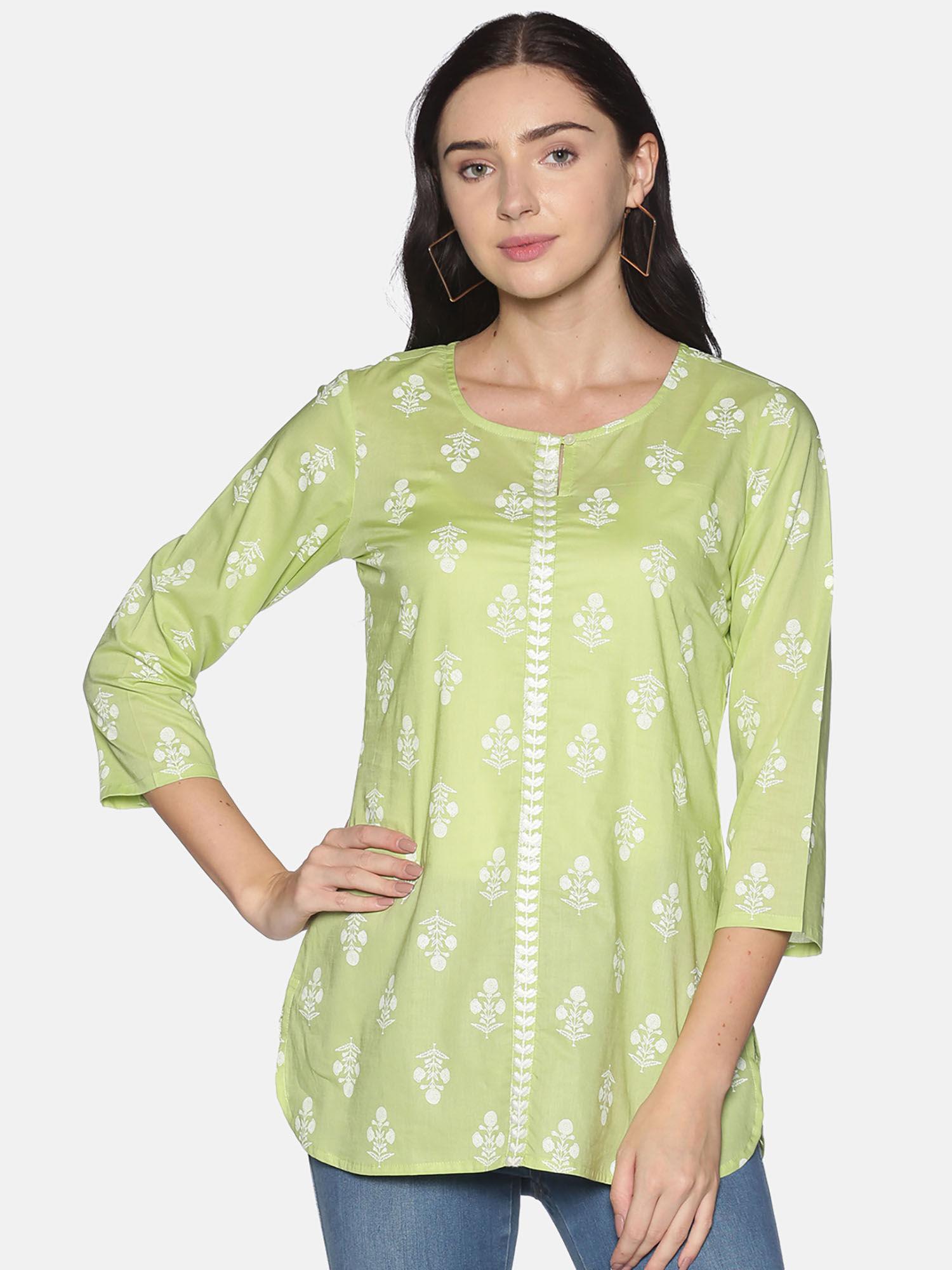 pastel green dahlia tunic with embroidered placket