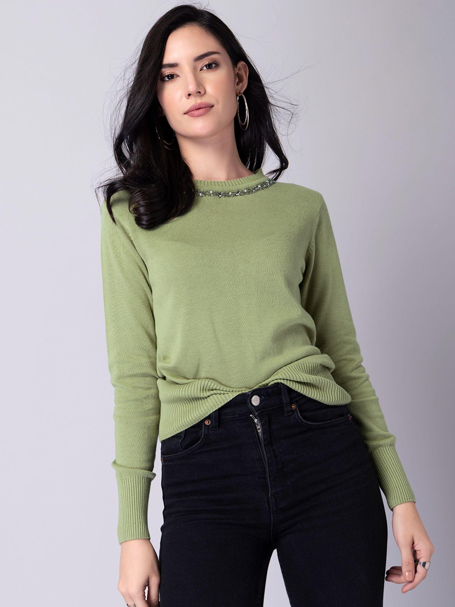 pastel green embellished neck sweater