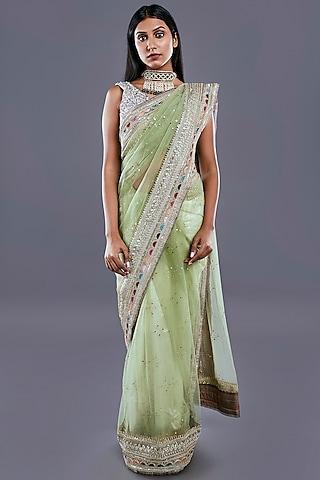 pastel green embroidered saree set