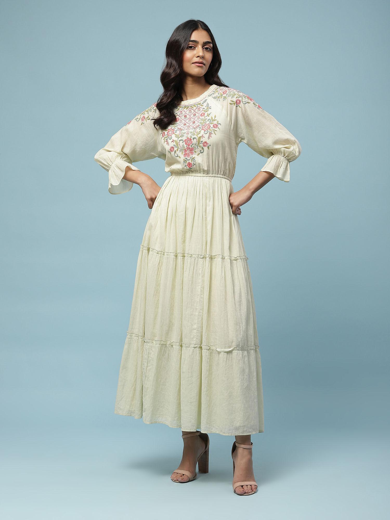 pastel green embroidered tiered long dress