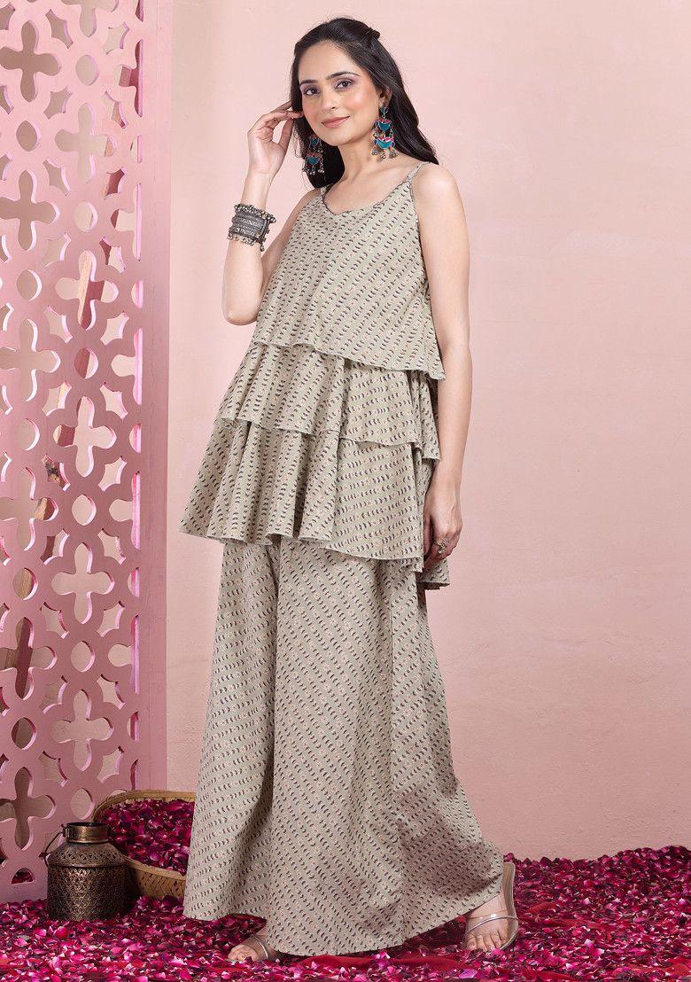 pastel green floral print short peplum kurta and pants (set of 2)