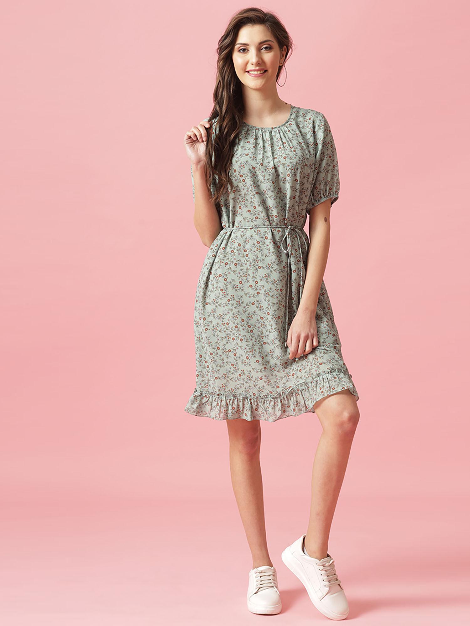 pastel green knee length round neck georgette dress