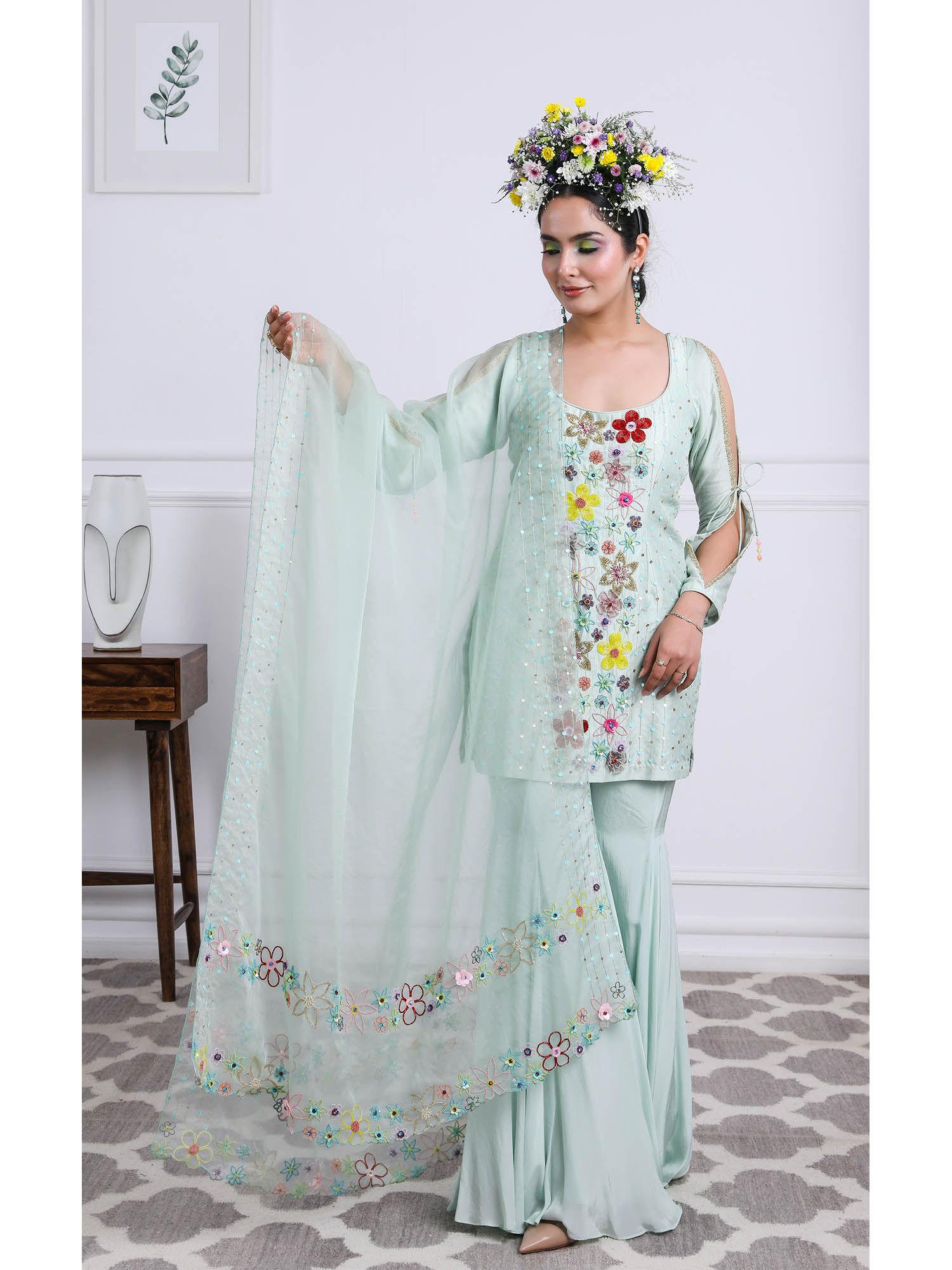 pastel green kurti with sharara and dupatta (set of 3)