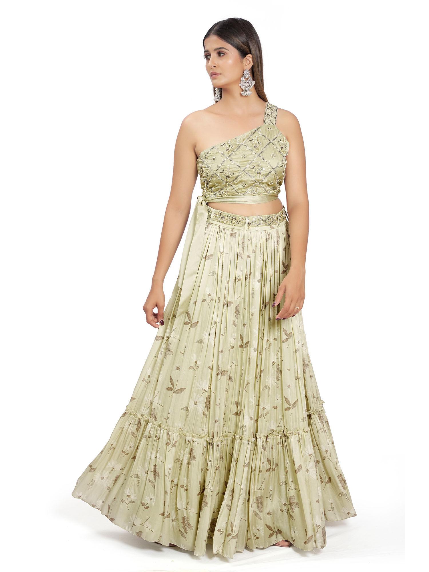 pastel green lehenga with top and belt (set of 3)