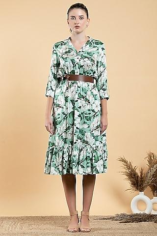 pastel green modal satin printed midi dress