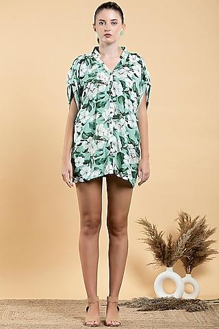 pastel green muslin printed mini shirt dress