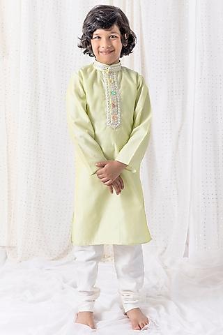 pastel green organza embroidered kurta set for boys