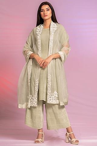 pastel green pleated satin kurta set