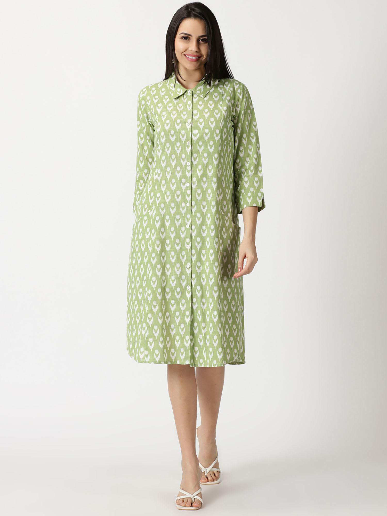 pastel green printed cotton shirt knee length dress