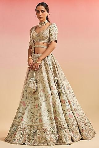 pastel green raw silk hand embroidered lehenga set