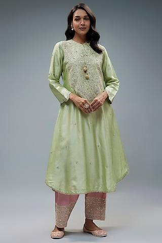 pastel green silk zari embroidered kurta set