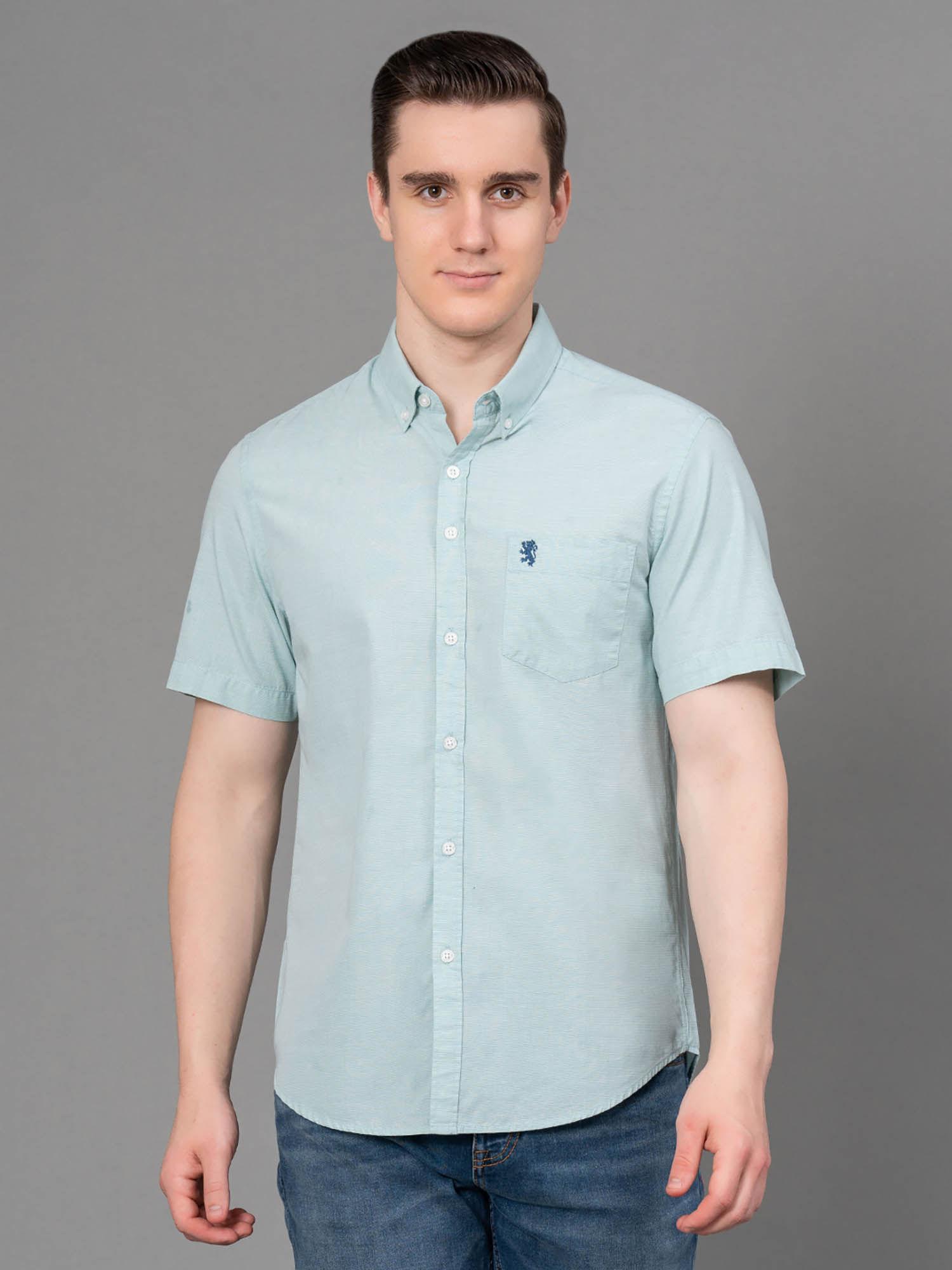 pastel green solid cotton fila-fil mens half sleeve shirt
