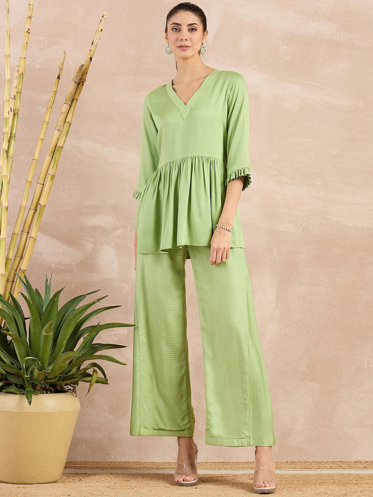 pastel green v-neck peplum top with flared trouser (set of 2)