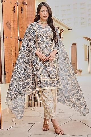 pastel grey chanderi floral kurta set